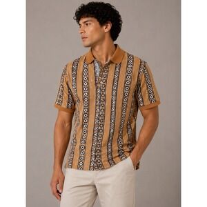 Vintage St Johns Bay Mens Polo Shirt‎ Brown Geometric Tribal Print Cotton M |Q1